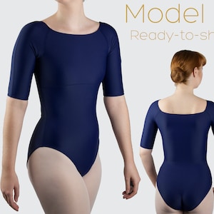 Ready-to-ship M3 Blue Ballet leotard 1/2 sleeves, square neckline, high back - THE BASICS by Aurelia Dancewear
