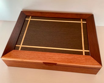 Wooden document box - Jarrah with Chocolate veneer inlay with marri strips along edge.