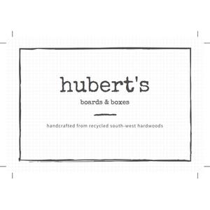 May include: A black and white logo for "hubert's boards & boxes" with the tagline "handcrafted from recycled south-west hardwoods." The text is in a rectangular frame on a grid background.