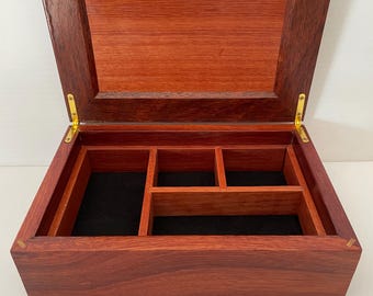 Wooden Jewellery Box - Jarrah with light jarrah veneer pattered hinged lid - small