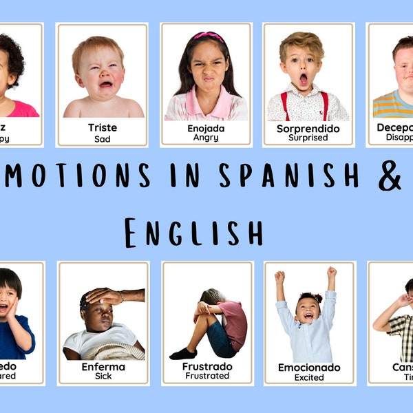 Emotions Cards in Spanish Bilingual Montessori Flashcards Feelings with Real People Pictures Homeschool resources Kids learning Spanish
