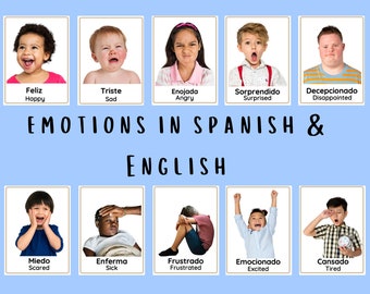 Emotions Cards in Spanish Bilingual Montessori Flashcards Feelings with Real People Pictures Homeschool resources Kids learning Spanish