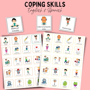 Copingvaardigheden in het Engels en Spaans| Copingvaardigheden Kleine kaarten voor kinderen|Tweetalige kaarten|Mindfulnesskaarten voor kinderen.