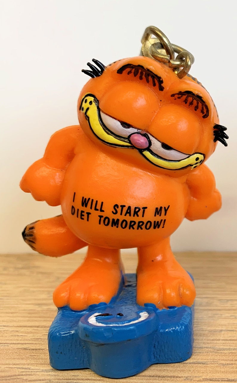 United Feature Syndicates Inc West Germany Two Vintage Retro 1981 Bully Garfield 2.5 Keyring Keychain Figures Retro Toy Cartoon Cat