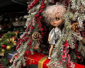 Vestido navideño plateado para muñeca Blythe con bufanda
