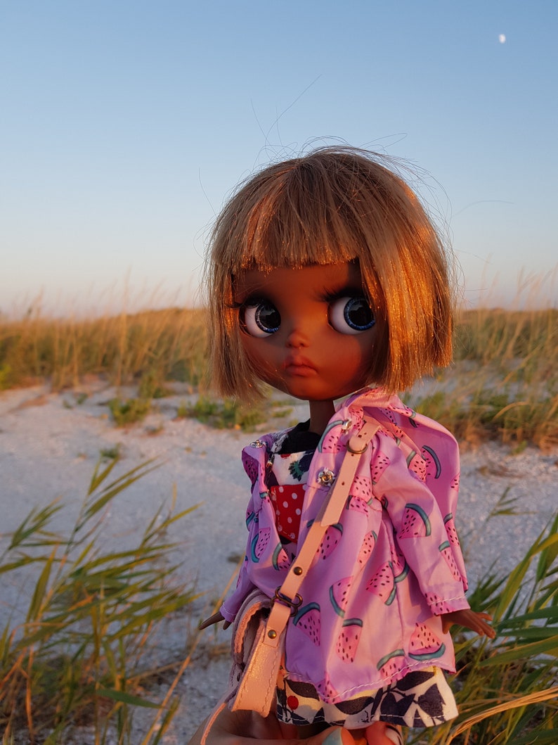 May include: A doll with brown skin, long brown hair, and blue eyes is wearing a pink jacket with a watermelon print and a pink bag. The doll is standing in a field of tall grass.