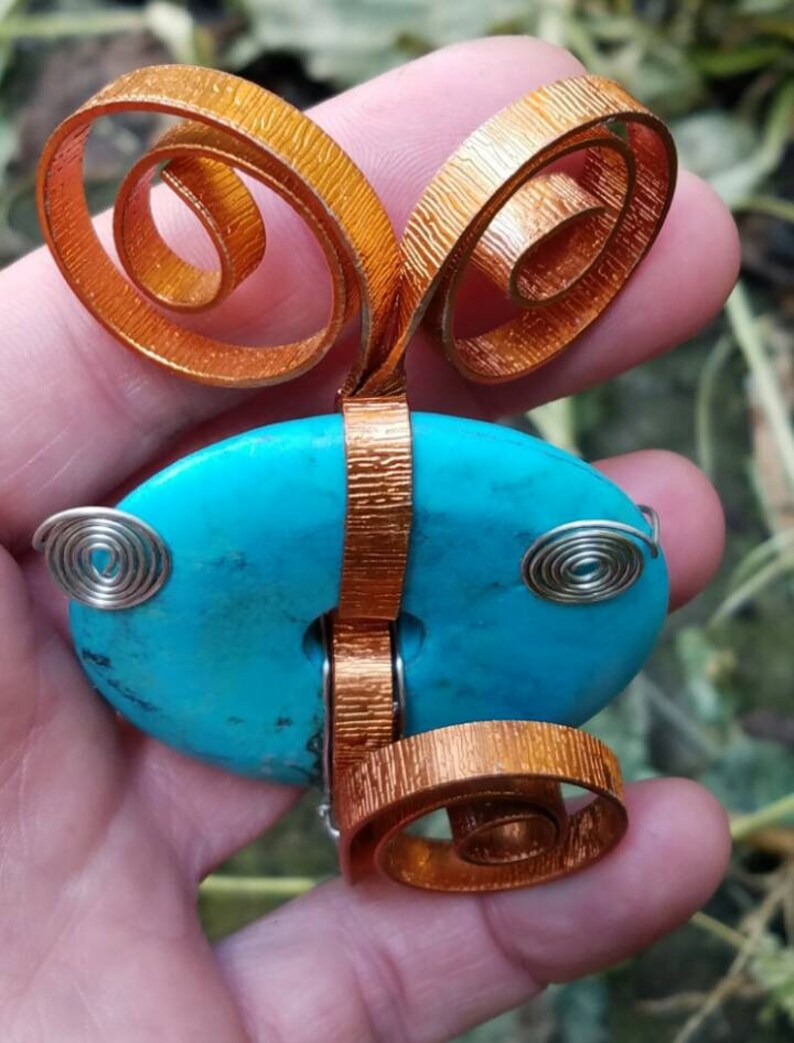 Blue emoji with wood grained copper wire and blue bead wire | Etsy