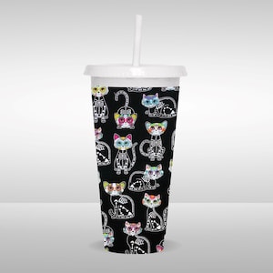 Sugar Skull Cat Cup Cozy for Cold Drinks, Day of the Dead Cup Sleeve for Cat Lover, Cat Lover Gifts, Gift for Iced Coffee Lover