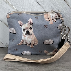 Bolsa de monedas Frenchie, bolsa con cremallera Bulldog francés, bolso de cambio amante de los perros, mini bolso de pulsera con tema de perro, billetera de tarjeta de crédito para ella
