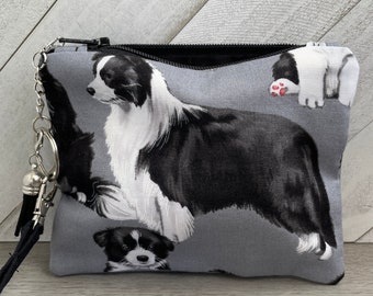 Border Collie Zipper Coin Bag, Dog Theme Wristlet Pouch, Gift for Dog Mom, Fabric Change Purse, Credit Card Wallet for Her, Keychain Wallet