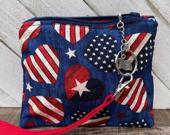 Americana, Patriotic Purse, 4th of July, Stars and Stripes, Coin Pouch, Flags and Hearts, Memorial Day, Change Purse, Small Clutch