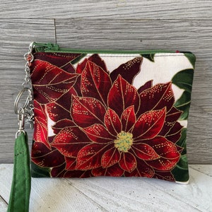 Poinsettia Zipper Bag, Winter Wristlet Pouch, Christmas Coin Bag, Change Purse, Keychain Pouch, Gold Accents, Small Lined Pouch