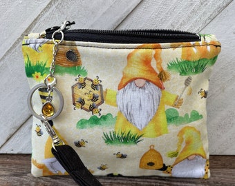Bee Gnomes Pouch, Bee Coin Purse, Gnomes Change Purse, Small Zipper Wristlet Bag, Spring Purse, Gift Idea Her, Bee Lover Gift, Gnome Lover