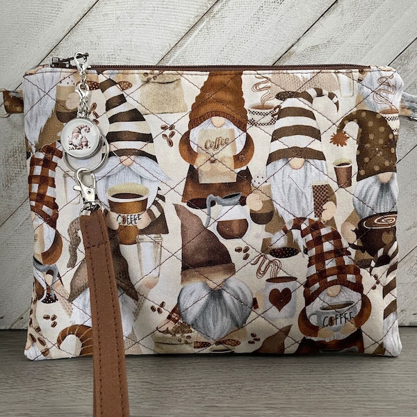 Coffee Gnomes Purse, Fall Wristlet Pouch, Gnomes Makeup Bag, Gnomes Lover Gift, Quilted Zipper Bag, Coffee Lover Gift, Gift for Her