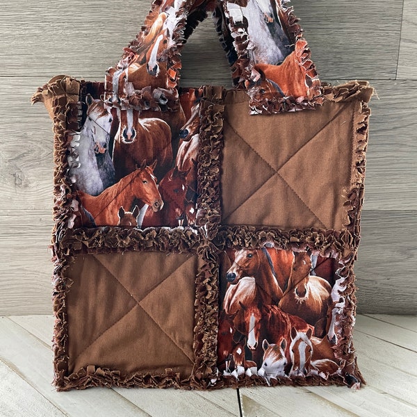 Horse Themed Tote, Horse Tote for Woman, Horse Lover Gifts, Rag Quilt Tote, Equestrian Tote Bag, Horse Shoulder Bag, Mothers Day Gift
