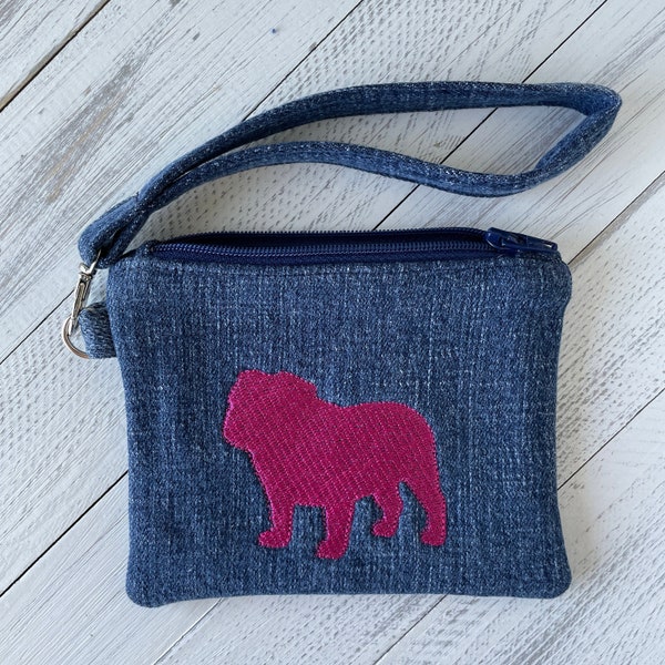 Change Purse with English Bulldog Embroidered Denim Coin Purse Gift for Bulldog Mom Small Wristlet Bag Recycled Denim Pouch Dog Treat Pouch