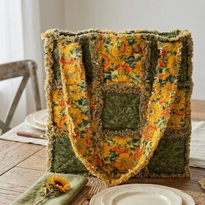 May include: A tote bag constructed from quilted fabric squares featuring a sunflower print and solid olive green panels. The bag has exposed frayed seams along the edges and two matching fabric handles, showcasing a patchwork design throughout.