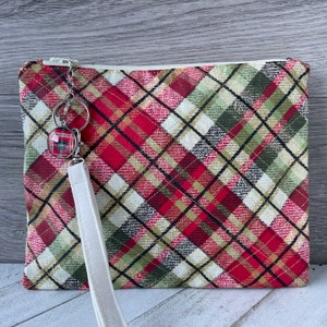 Women's large leather wallet with green plaid print