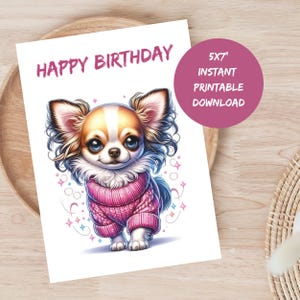 Carte d'anniversaire imprimable jeune fille chihuahua Carte de chihuahua glamour pour amateur de chihuahua chien fantaisie carte de joyeux anniversaire en téléchargement numérique