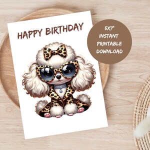 Tarjeta de feliz cumpleaños imprimible con diseño de caniche para amantes de los perros, tarjeta glamorosa con caniche para niña, tarjetas de cumpleaños para perros, regalos para mamás con caniche, tarjeta digital para perros