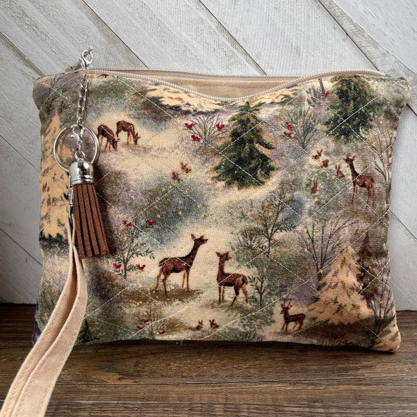 Reindeer Makeup Pouch, Deer Scene Wristlet Bag, Winter Zipper Pouch, Quilted Cosmetic Bag, Snow Scene, Christmas Tree, Winter Gift Item Her