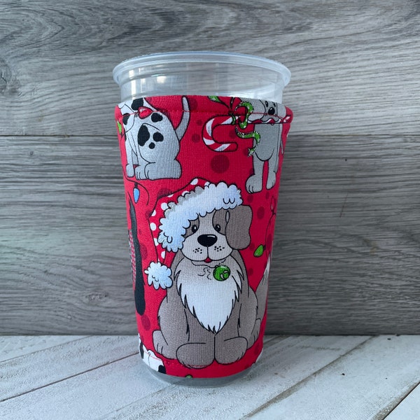 Christmas Cup Cozy, Christmas Dogs Cozy, Drink Sleeve, Gift for Iced Coffee Lover, Holiday Accessory, Dog Lover Gift, Coffee Cup Sleeve