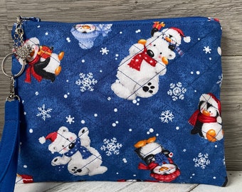Penguin Wristlet, Polar Bear Purse, Winter Pouch, Penguin Lover Gift, Christmas Bag, Arctic Winter Gift, Birthday Gift Idea, White Bear