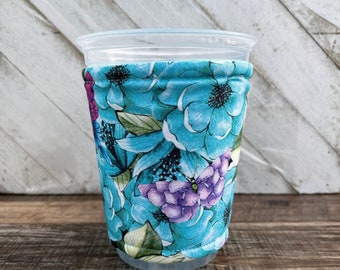 Blue Floral Cozy, Spring Cup Sleeve, Iced Coffee Sleeve, Iced Coffee Lover, Insulated Drink Cuff, Spring Gift Idea, Mothers Day Idea