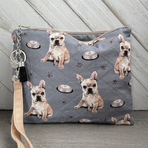 Bulldog francés, bolso de pulsera, bolso acolchado personalizado para amantes de los perros, bolsa de maquillaje con cremallera para mamá de perro, billetera hecha a mano Frenchie, regalo para mamá de perro