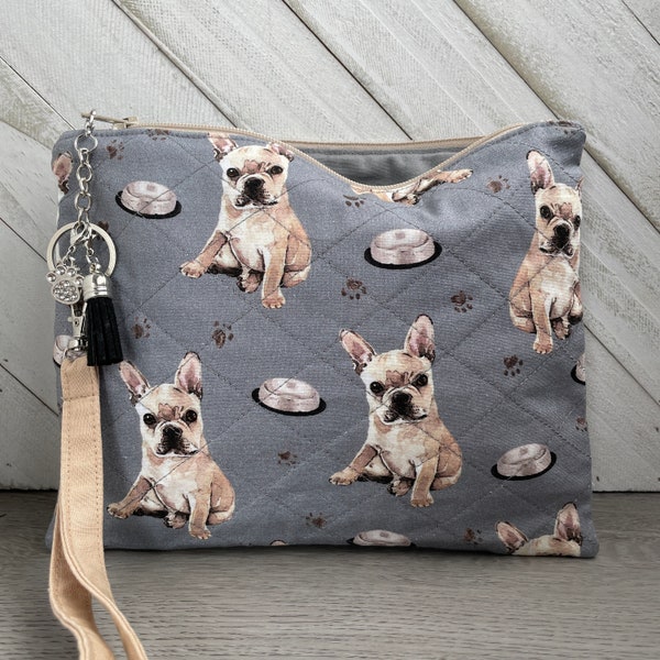 French Bulldog, Wristlet Bag, Dog Lover Custom Quilted Purse, Dog Mom Zipper Makeup Bag, Frenchie Handcrafted Wallet, Gift for Dog Mom