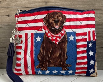 Chocolate Lab Wristlet Pouch, Patriotic Custom Quilted Purse, Dog Mom Zipper Makeup Bag, Brown Lab Handcrafted Wallet, Memorial Day Bag