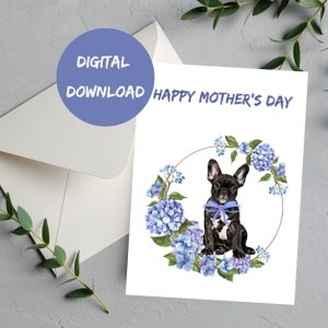Tarjeta de bulldog francés negro, tarjeta del día de la madre, tarjeta de bulldog francés, feliz día de la madre, tarjeta de mamá bulldog francés, tarjeta de amante de bulldog francés, descarga digital