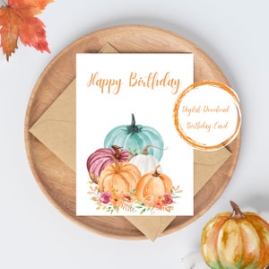 Carte d'anniversaire automne, carte de voeux automne, carte imprimable 5 x 7", carte à téléchargement numérique, carte d'anniversaire pour elle, carte d'anniversaire citrouille