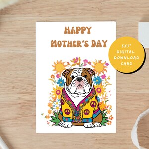 Afdrukbare kaart Bulldog, Hippie Happy Mothers Day Card, retro kaart voor Bulldog moeder, Instant Print Card, wenskaart coole hondenliefhebber