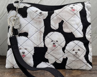 Bichon Frise Wristlet Pouch, Dog Lover Custom Quilted Purse, Dog Mom Zipper Makeup Bag, Bichon Handcrafted Wallet, Gift for Dog Mom