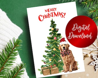 Golden Retriever Christmas Card, Dog Greeting Card, Instant Printable, Retriever Christmas, Holiday Card, Download and Print, Dog Printable