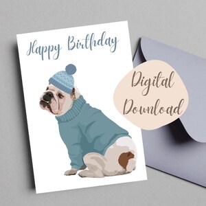Carte d'impression de bouledogue, carte d'anniversaire de bouledogue anglais, carte de bouledogue d'hiver, carte d'anniversaire d'amant de bouledogue, carte de voeux de bouledogue