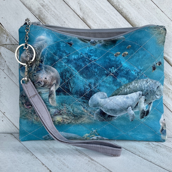 Manatee Wristlet Bag, Florida Sea Animal, Quilted Makeup Pouch, Manatee Gift, Gentle Giant, Zipper Cosmetic Bag, Gift Idea Her, Crossbody