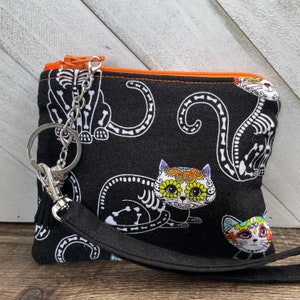 Skull Cats Coin Bag, Black Cats Halloween Bag, Cat Zipper Pouch, Gift for Cat Mom, Cat Change Purse, Cat Wristlet Pouch