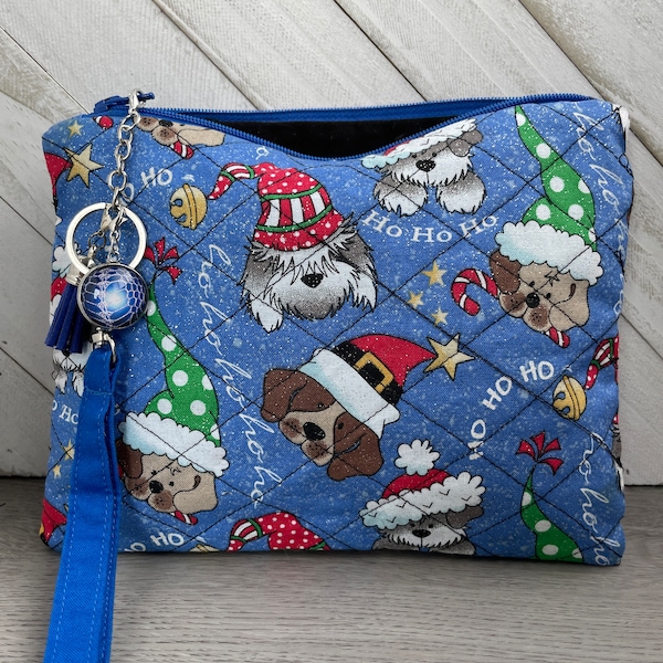 Christmas Dogs Wristlet Pouch, Dog Lover Custom Quilted Purse, Dog Mom Zipper Makeup Bag, Christmas Pups Handcrafted Wallet, Dog Mom Gift