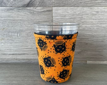 Halloween Cozy, Black Cat Cup Sleeve, Halloween Accessories, Cat Lover Gift, Halloween Gifts, Cup Insulator, Coffee Cup Coozie