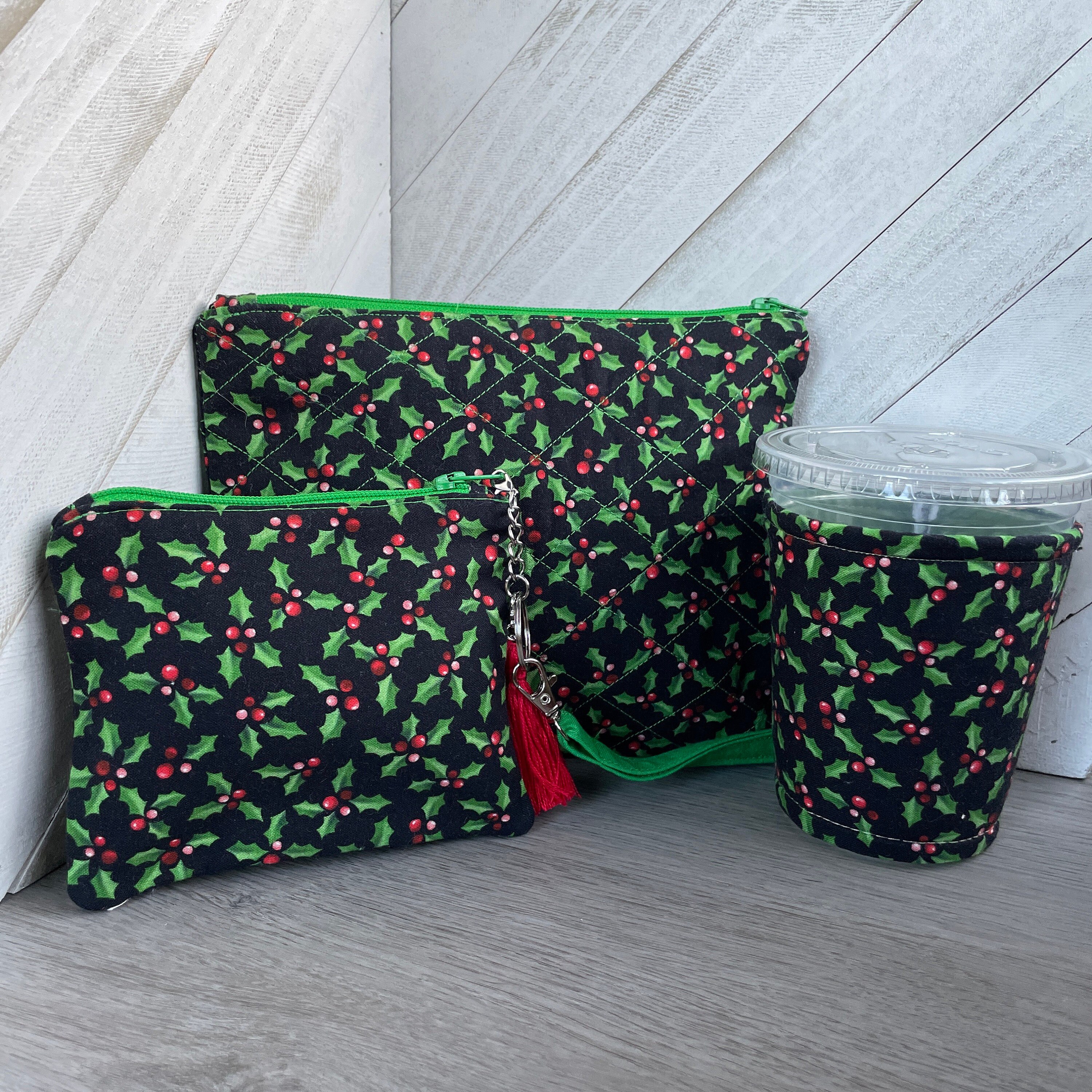 Christmas Gift Set, Zipper Pouch Bundle, Holly Berry Cozy