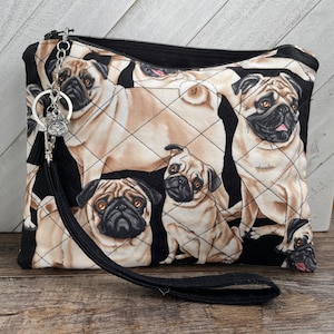 Pug Quilted Zipper Pouch, Dog Breed Purse, Dog Mom Makeup Bag, Flat Custom Wristlet, Cellphone Clutch for Her, Fabric Credit Card Wallet