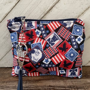 Patriotic Stamps Change Purse, Red White and Blue Gifts, Zipper Coin Bag with Flag Stamps, 4th of July Gifts for Her, Wristlet Pouch