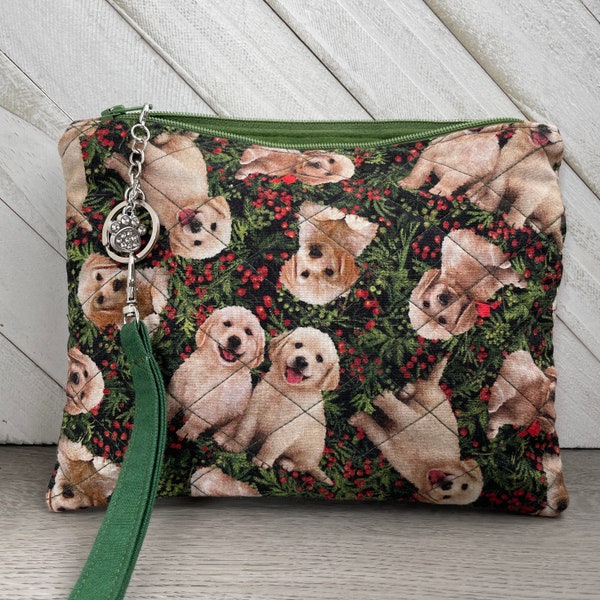 Christmas Dogs Wristlet Pouch, Dog Lover Custom Quilted Purse, Dog Mom Zipper Makeup Bag, Christmas Pups Handcrafted Wallet, Dog Mom Gift