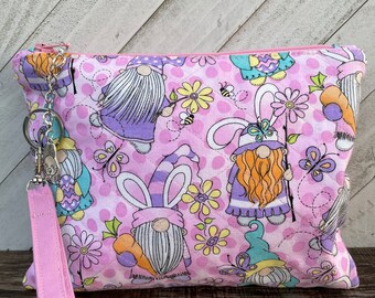 Easter Wristlet Bag, Gnomes Makeup Pouch, Spring Purse, Quilted Zipper Bag, Spring Gift, Gift Idea Her, Gnomes Lover Gift
