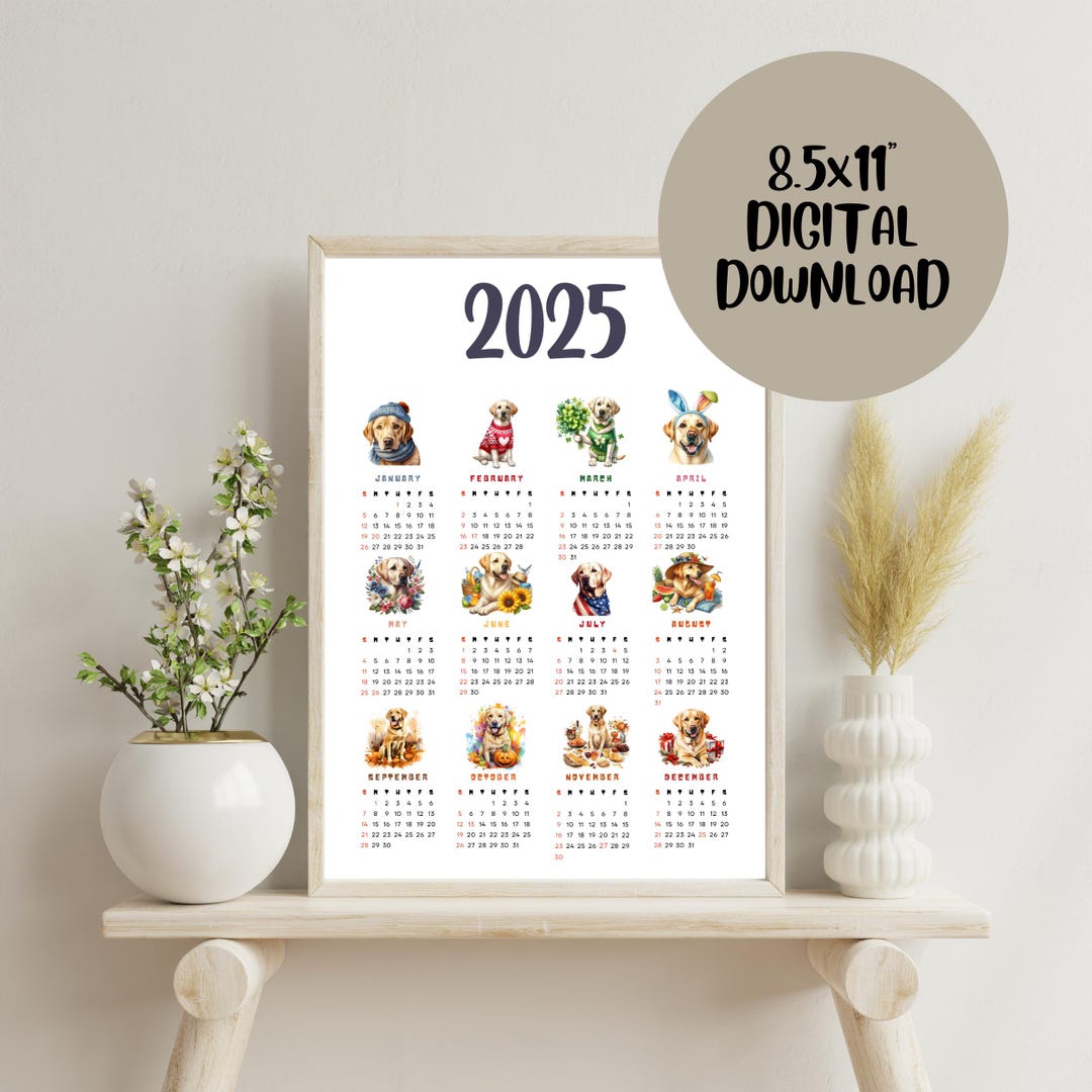 2025 Printable Yellow Lab Full Year Calendar for Dog Lover Desk ...