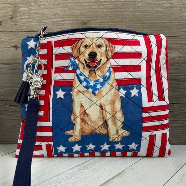 Yellow Lab Mom, Wristlet Wallet, Dog Mom Bag, Quilted Zipper Pouch, Clutch Bag for Women, Pet Gift for Her, Patriotic Accessories