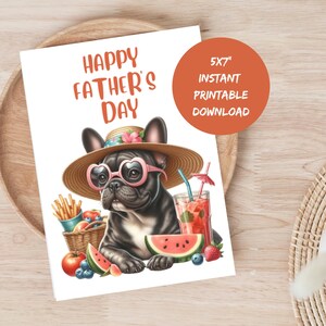 Frenchie glückliche Vatertagskarte Tropische druckbare französische Bulldogge Karte, Hund Papa Karte für Vatertag Sofortiger Download, Hund mit Cocktail