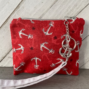 Nautical Change Purse, Bag with Anchors, Summer Coin Purse, Red Pouch with Strap, Nautical Gifts, Boater Gifts, Summer Wristlet Purse